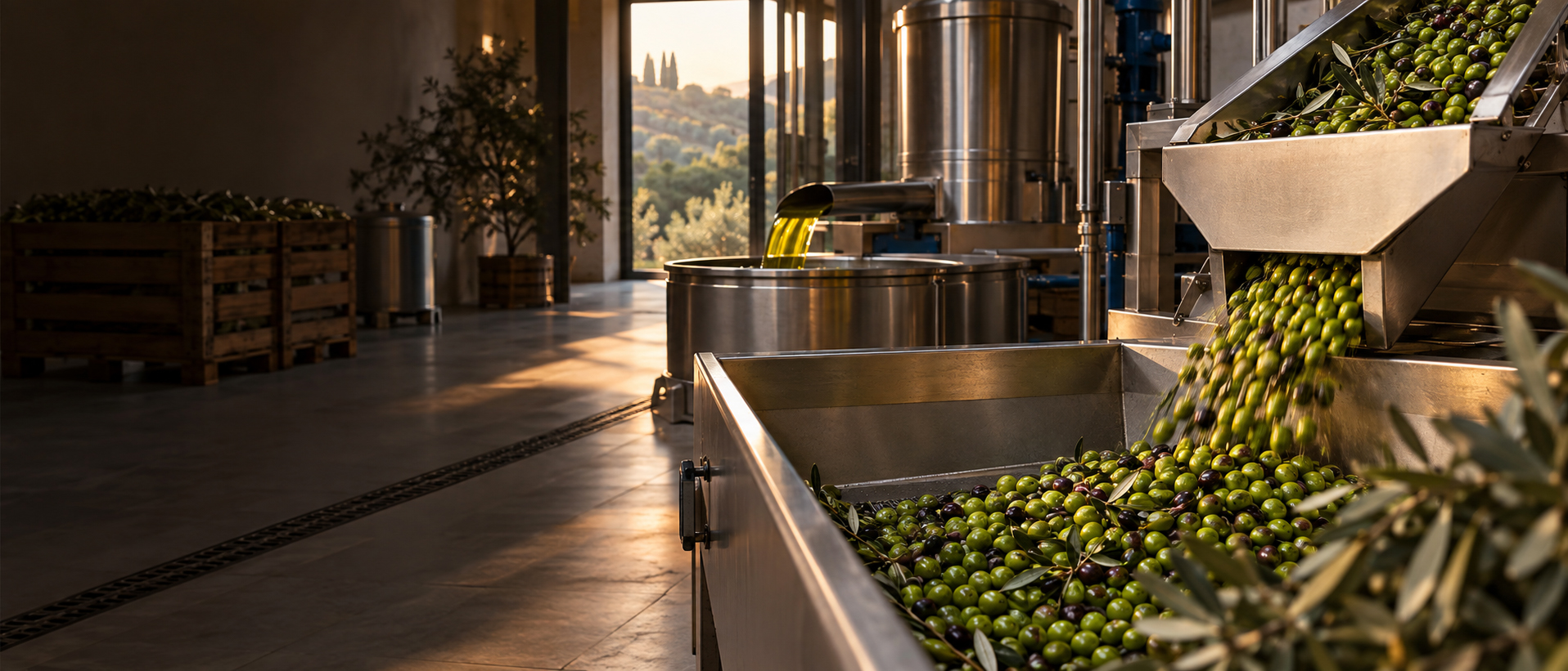 Olive fresche in lavorazione nel frantoio Fratelli Cesari