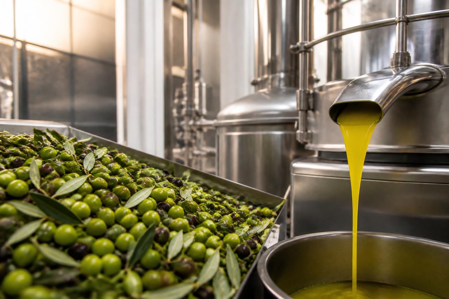 Olive fresche e olio appena prodotto nel frantoio