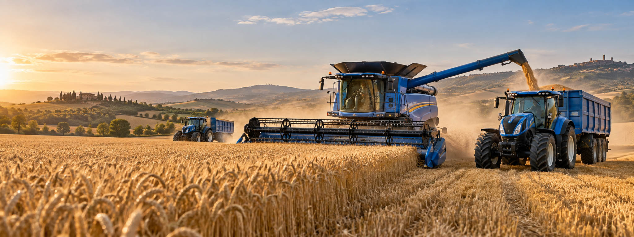 Mietitrebbia e trattori New Holland durante la raccolta del grano