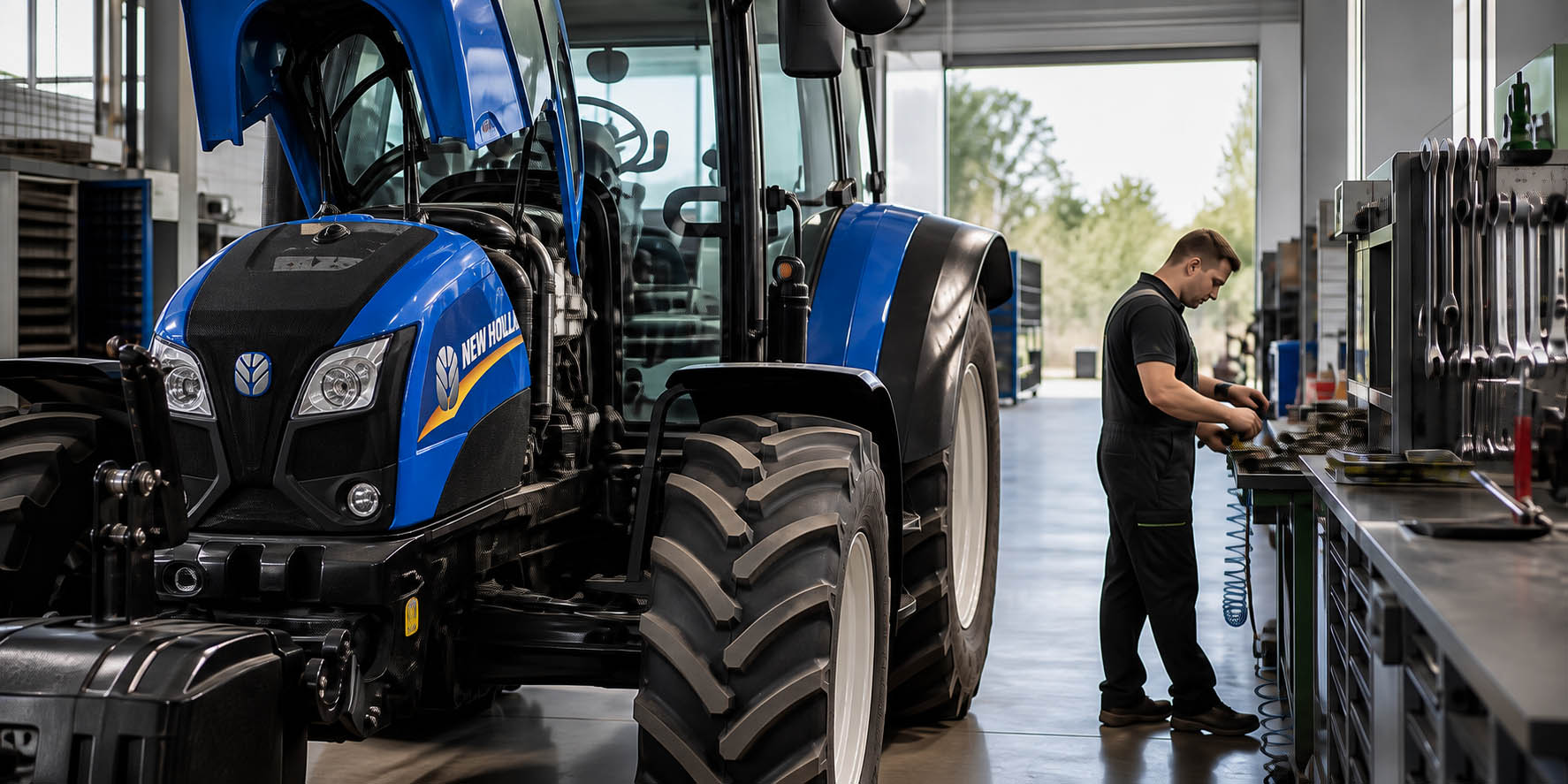 Trattore in manutenzione nell'officina di macchine agricole